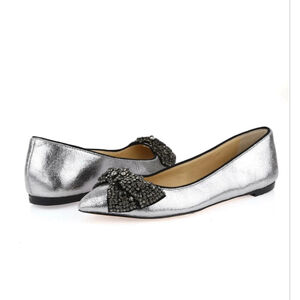TORY BURCH silver jeweled bow tie leather pointy toe flats sz. 10M